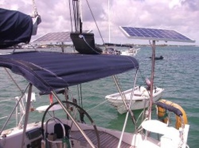 two marin solar panels using top of pole mounting system on sailboat
