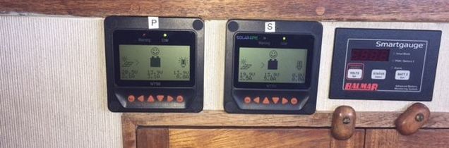 Tracer BN Meters Showing Performance of two 160 Watt Panels mounted in boat