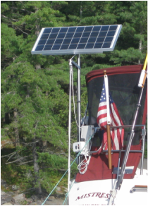 rigid marine solar panel solar system kit on sailboat with panel mounted top of pole on sailboat