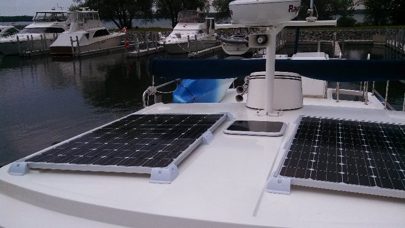 Monocrystaline Rigid Marine Solar Panels on a Nordic Tug 37 on tug boat