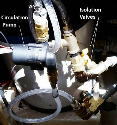plumbing on boat of solar hot water heater connections at water heater showing circulation pump, valves, tees